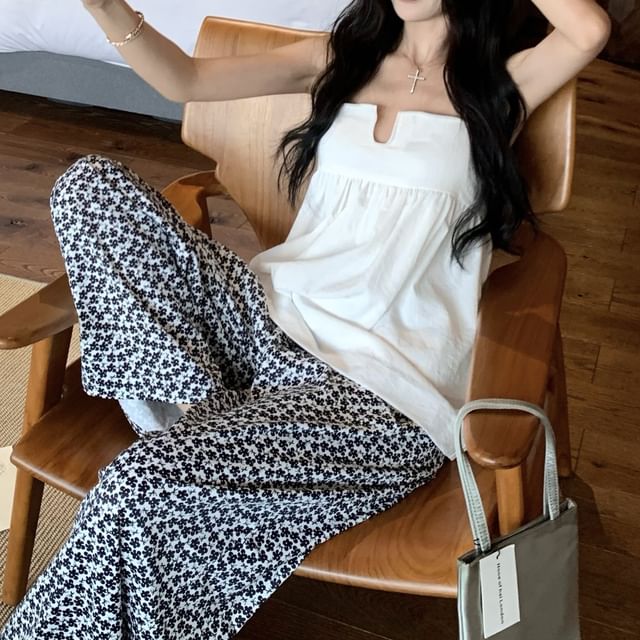 Waist Top Plain Wide Notch Camisole Neck Pants / Leg Floral Print High