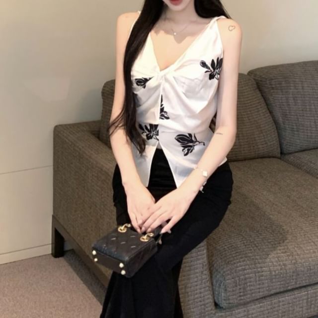 Pencil Floral Top High V-Neck Print Cami Plain Maxi Skirt Rise / Slit