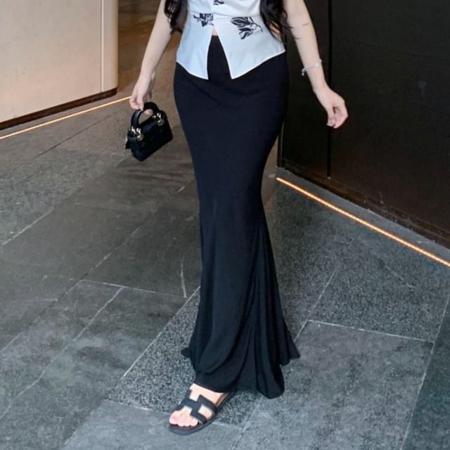 Pencil Floral Top High V-Neck Print Cami Plain Maxi Skirt Rise / Slit