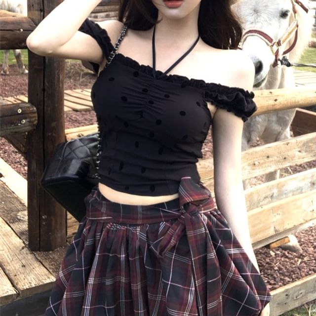 Frill / Dotted High A-Line Rise Plaid Balloon Cami Mini Top Skirt