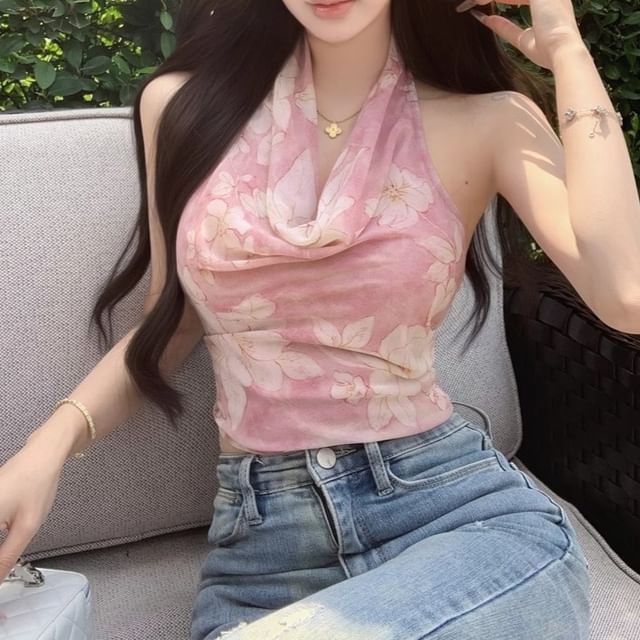 Top Neck Floral Cowl Halter Print