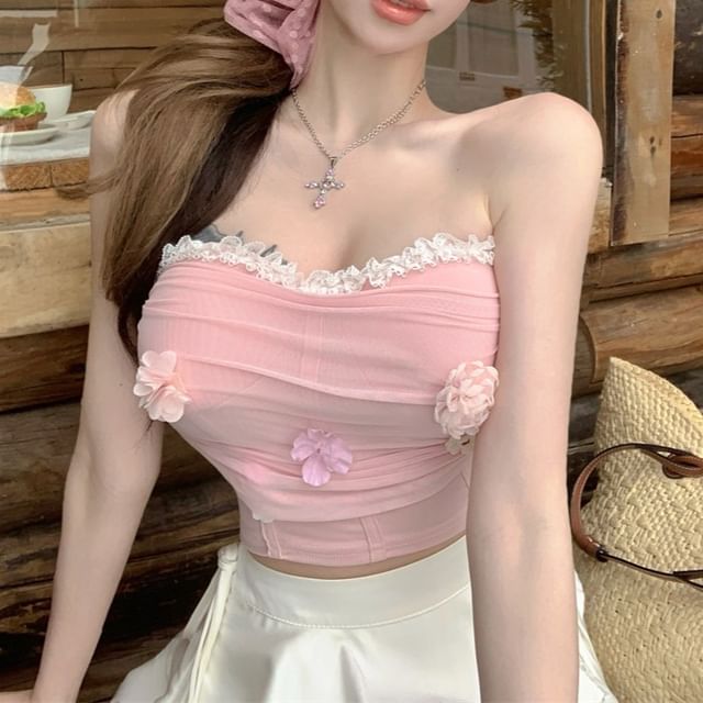 Panel Lace Applique Tube Mesh Floral Trim Crop Top Ruched