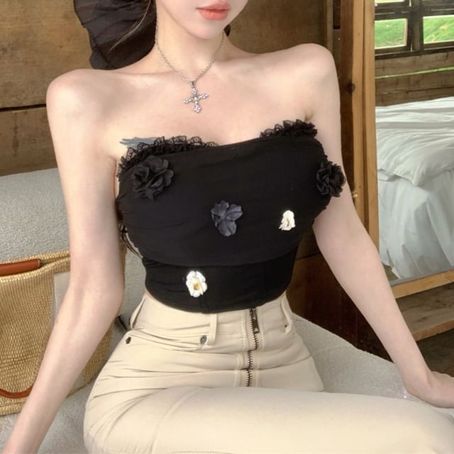 Panel Lace Applique Tube Mesh Floral Trim Crop Top Ruched