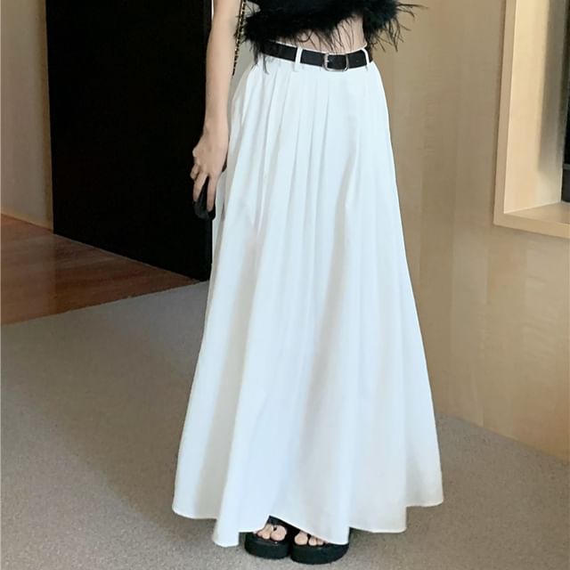 A-Line Pleated Plain Maxi High Waist Crop Feather / Trim Skirt Top Halter