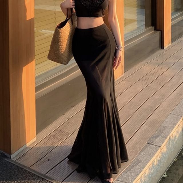 Sleeveless High V-Neck Plain Lace Fishtail Maxi / Waist Top Panel Crop Skirt