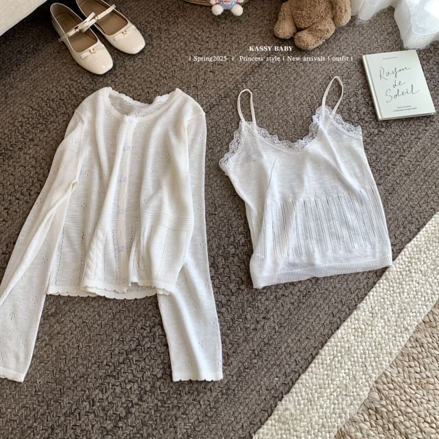 Neck + Round Plain Lace V-Neck Set: Trim Top Camisole Cardigan Knit
