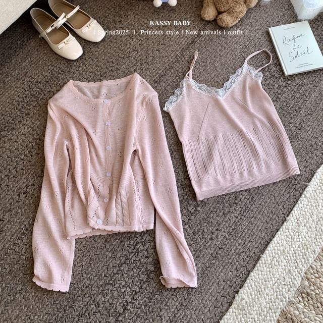 Neck + Round Plain Lace V-Neck Set: Trim Top Camisole Cardigan Knit