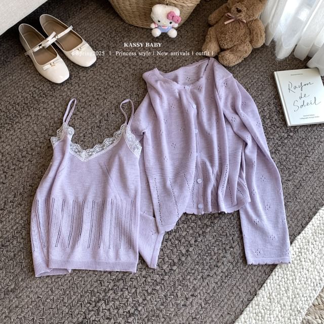 Neck + Round Plain Lace V-Neck Set: Trim Top Camisole Cardigan Knit