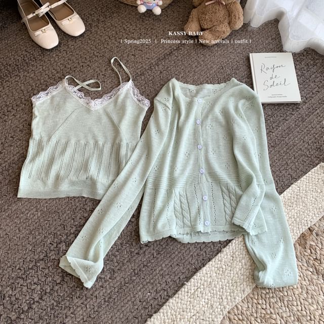 Neck + Round Plain Lace V-Neck Set: Trim Top Camisole Cardigan Knit