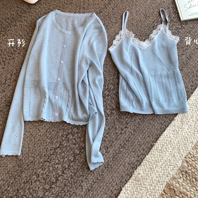 Neck + Round Plain Lace V-Neck Set: Trim Top Camisole Cardigan Knit