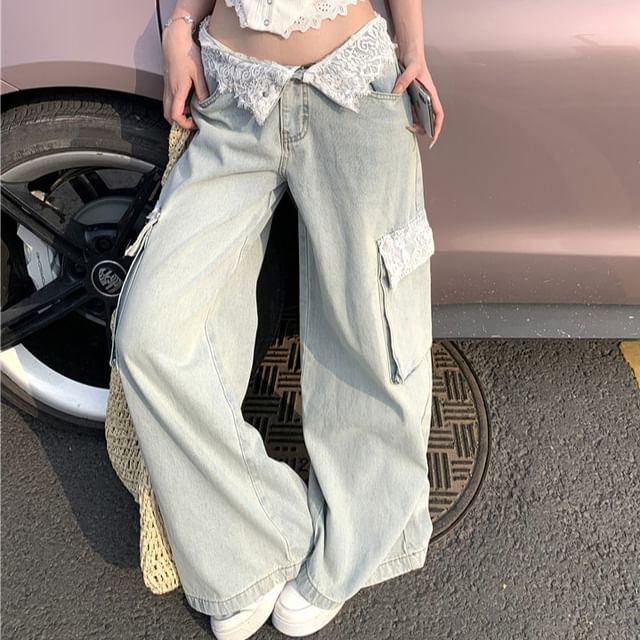 Leg Panel Cargo Button Mid Top Waist Plain Washed / Jeans Cami Wide Lace