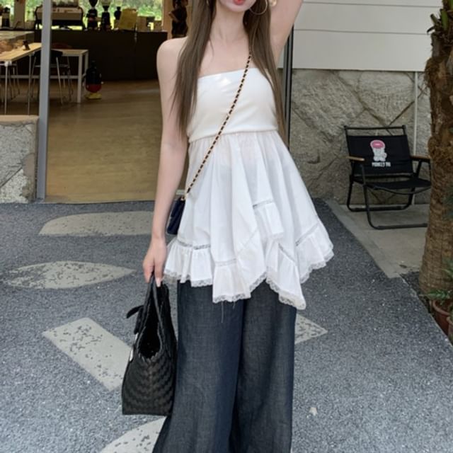Lace Plain Trim Tube Top Ruffle