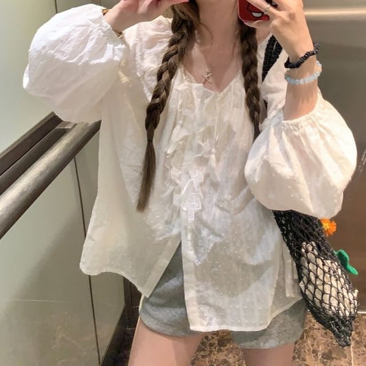 Sleeve Ruffle Blouse Plain Round Long Neck