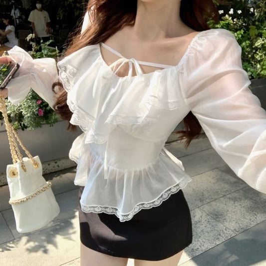 Trim V-Neck Ruffle Long Plain Blouse Front Sleeve Mini Lace Pencil Tie / Skirt