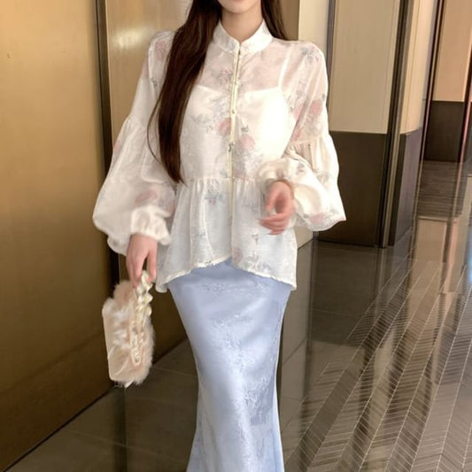 Blouse Jacquard Collar Set Sleeve Peplum Fishtail Long Waist / High Floral Print Stand Camisole Maxi Plain Skirt