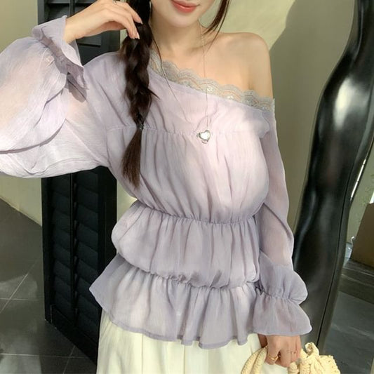 Lace One Long Shoulder Trim Blouse Plain Panel Sleeve