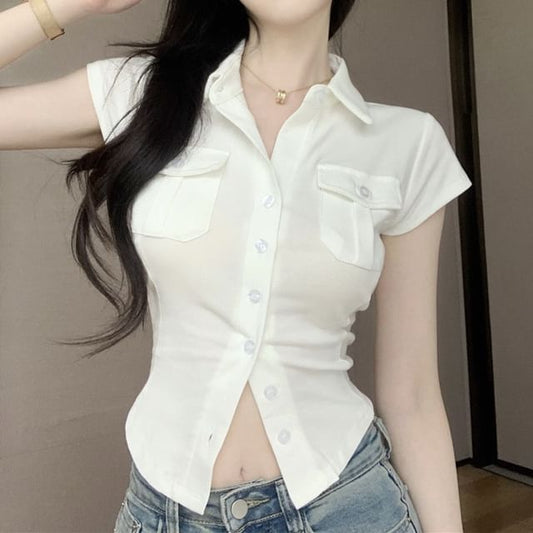 Collared Plain Sleeve Pocket Jersey Shirt Cap Flap