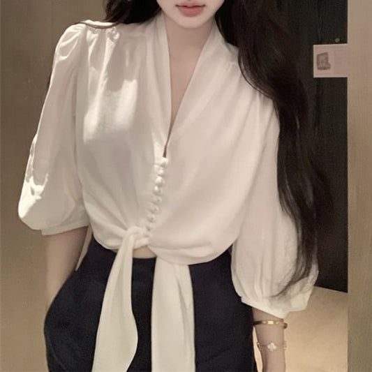 Tie Front Plain Blouse Sleeve Elbow V-Neck