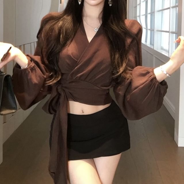 Wrap V-Neck Blouse Long Sleeve Plain Crop