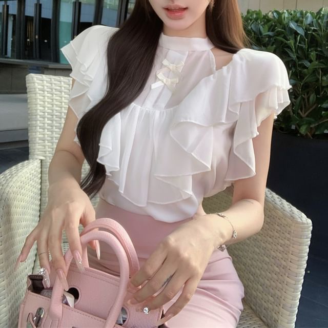 Blouse High Bow Mock Maxi Skirt Fishtail Rise Neck Ruffle Panel Cap Sleeve Plain /