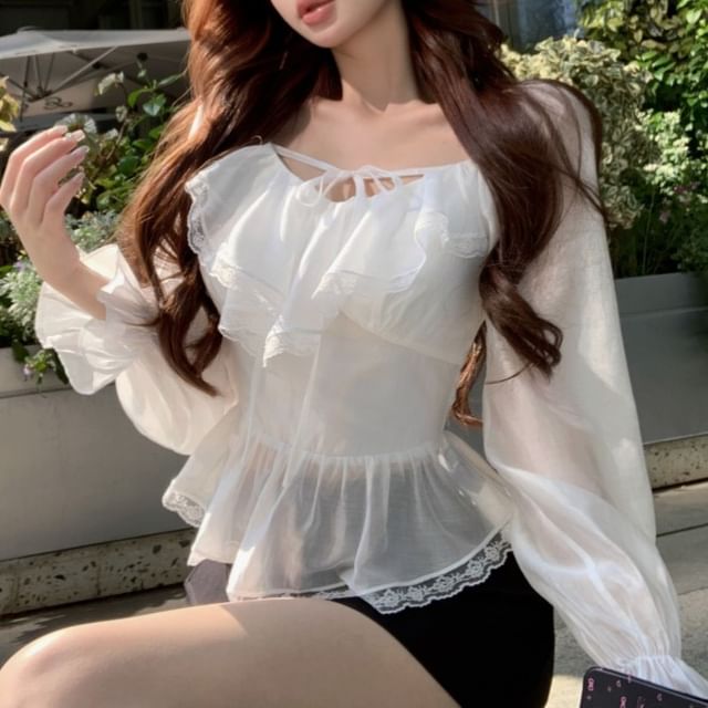 Trim V-Neck Ruffle Long Plain Blouse Front Sleeve Mini Lace Pencil Tie / Skirt