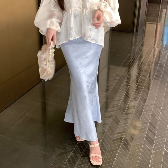 Blouse Jacquard Collar Set Sleeve Peplum Fishtail Long Waist / High Floral Print Stand Camisole Maxi Plain Skirt