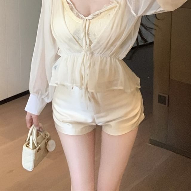 Shorts Waist High Tie Satin Front Top Long Plain / Off Lace Cami V-Neck Shoulder Sleeve