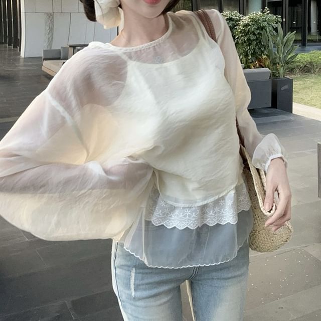 Plain Blouse Set: Sheer Sleeve Top Crew Cami + Neck Long