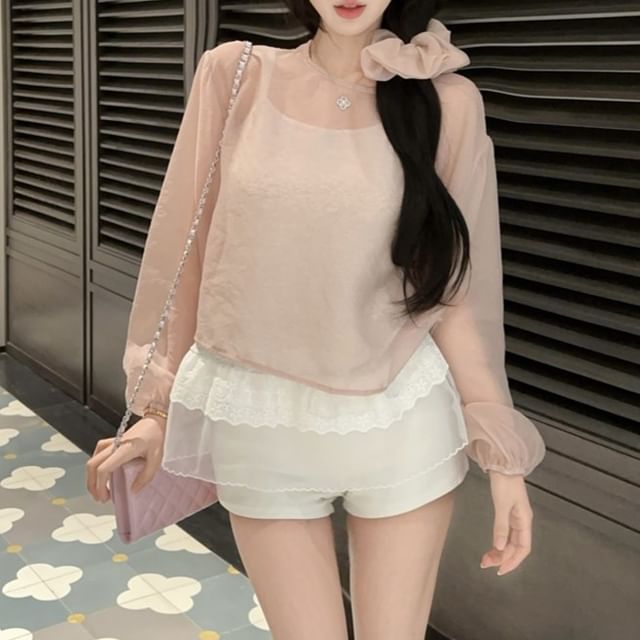 Plain Blouse Set: Sheer Sleeve Top Crew Cami + Neck Long