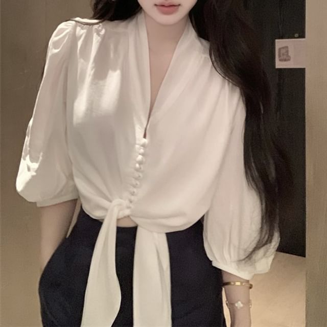 Tie Front Plain Blouse Sleeve Elbow V-Neck