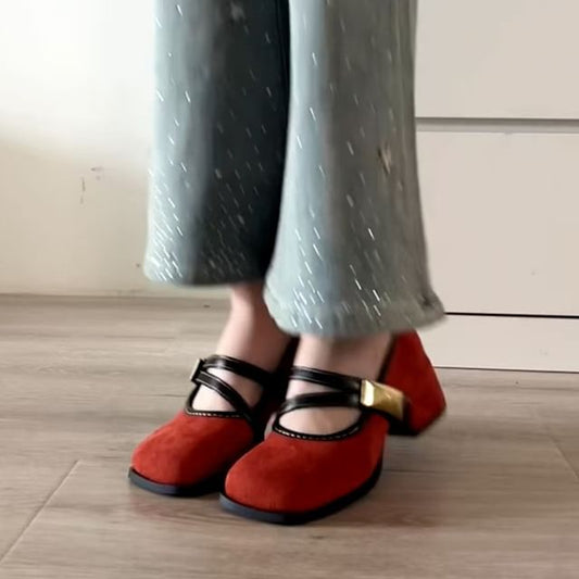 Metallic Jane Shoes Heel Buckle Mary Block