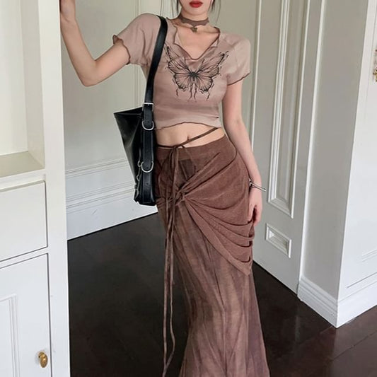 Butterfly Skirt Waist Short Maxi Pencil Sleeve Tie-Up Tee Crop / Print Mid V-Neck