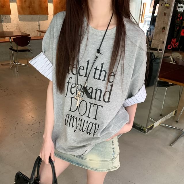 Short Round Sleeve Neck Striped Print Lettering Panel T-Shirt