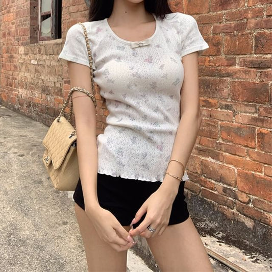 Sleeve T-Shirt Pointelle Neck Round Short Bow
