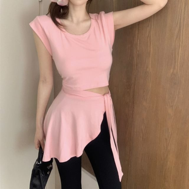 Piece Plain High Two Asymmetrical Sleeve T-Shirt / Mock Waist Flared Neck Pants Cap Crew