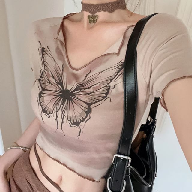 Butterfly Skirt Waist Short Maxi Pencil Sleeve Tie-Up Tee Crop / Print Mid V-Neck