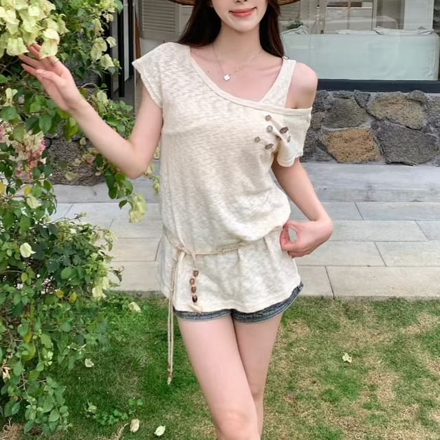 Button Top Set: Cord Belt Cold Sleeve Plain Shoulder Short +