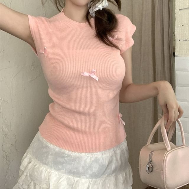 Crew Neck Knit Top Bow Sleeve Cap