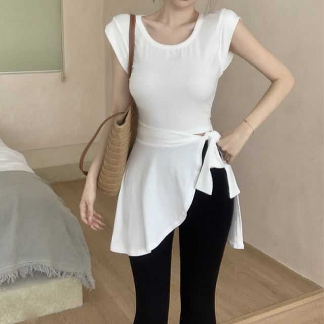 Piece Plain High Two Asymmetrical Sleeve T-Shirt / Mock Waist Flared Neck Pants Cap Crew