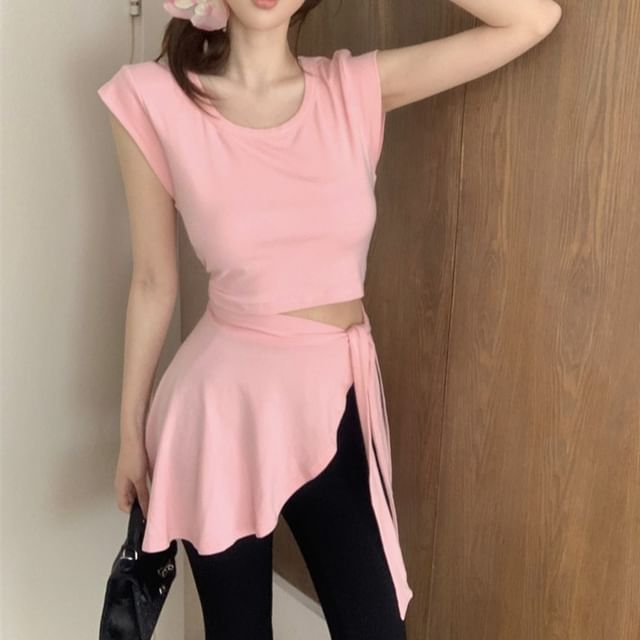 Piece Plain High Two Asymmetrical Sleeve T-Shirt / Mock Waist Flared Neck Pants Cap Crew