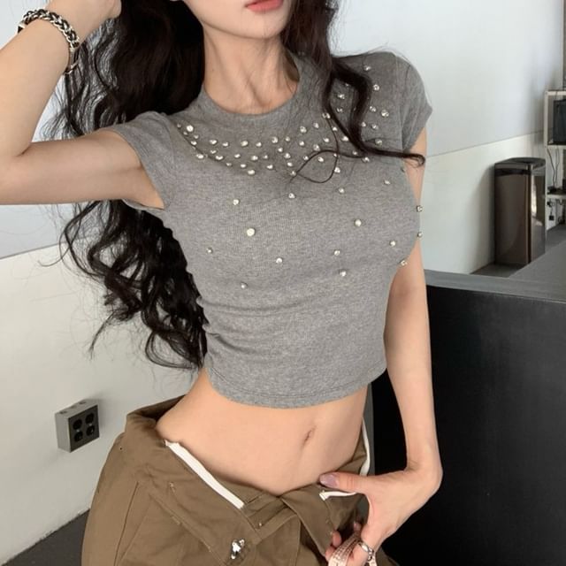 Rhinestone Crewneck Crop Short-Sleeve Tee