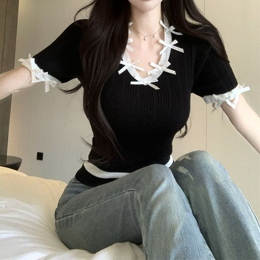 Accent V-Neck Plain Bow Top Cap-Sleeve