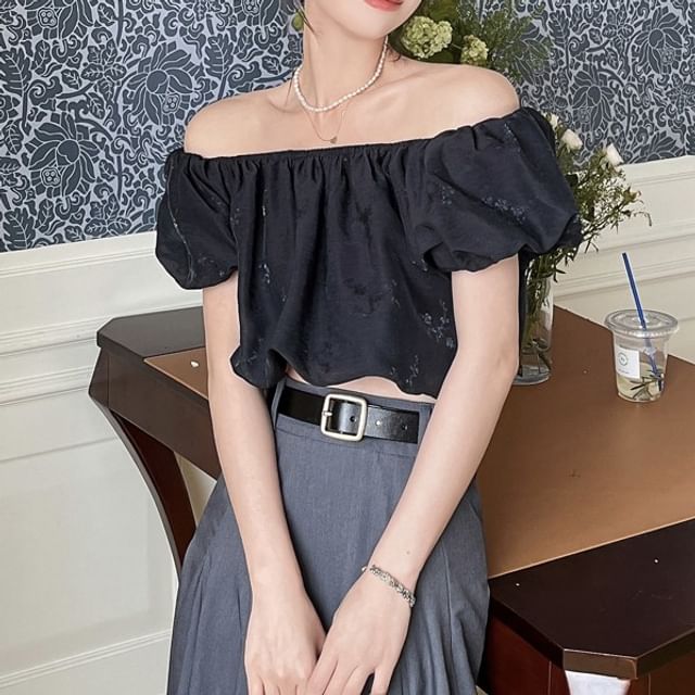 Plain Off Blouse Puff-Sleeve Crop Shoulder