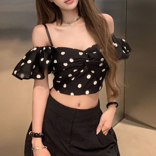 Dotted Cold Crop Top Short-Sleeve Shoulder