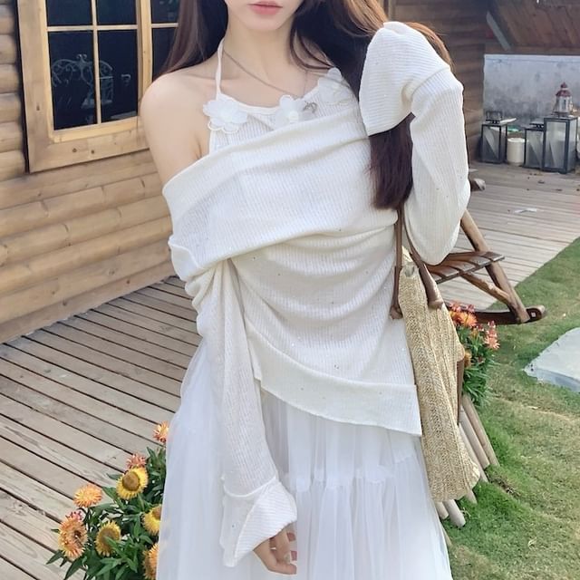 High Skirt Long-Sleeve Plain Rise Maxi Two-Piece A-Line Mock Top /