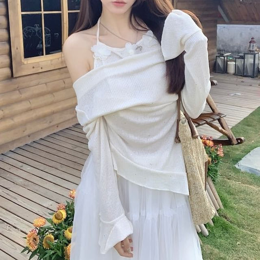 High Skirt Long-Sleeve Plain Rise Maxi Two-Piece A-Line Mock Top /