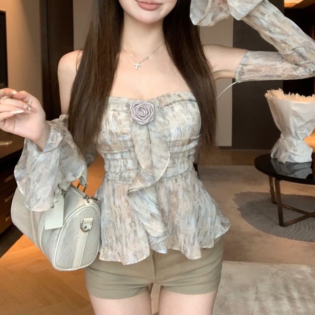 Shoulder Top Crop Floral Long-Sleeve Off Print