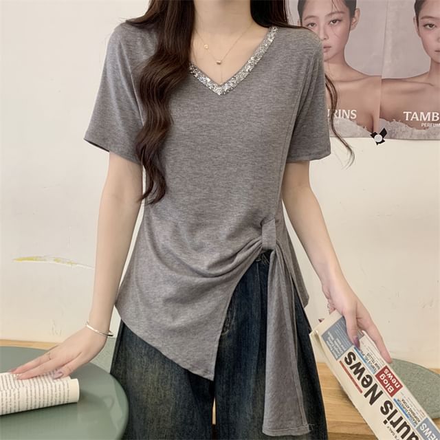 Top V-Neck Plain Short-Sleeve Lace Trim Asymmetrical