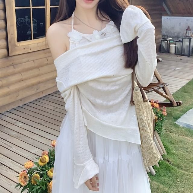 High Skirt Long-Sleeve Plain Rise Maxi Two-Piece A-Line Mock Top /