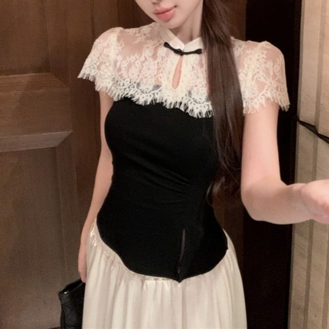 Asymmetrical Skirt Maxi / High Two Waist A-Line Top Tone Short-Sleeve